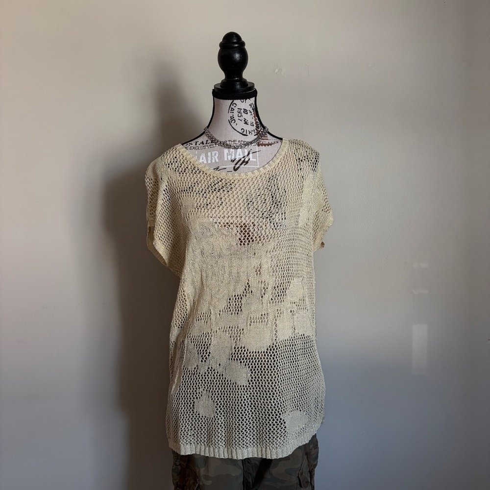 Y2K Beige Crochet Tunic Top Swim Cover Up Boho Beach
